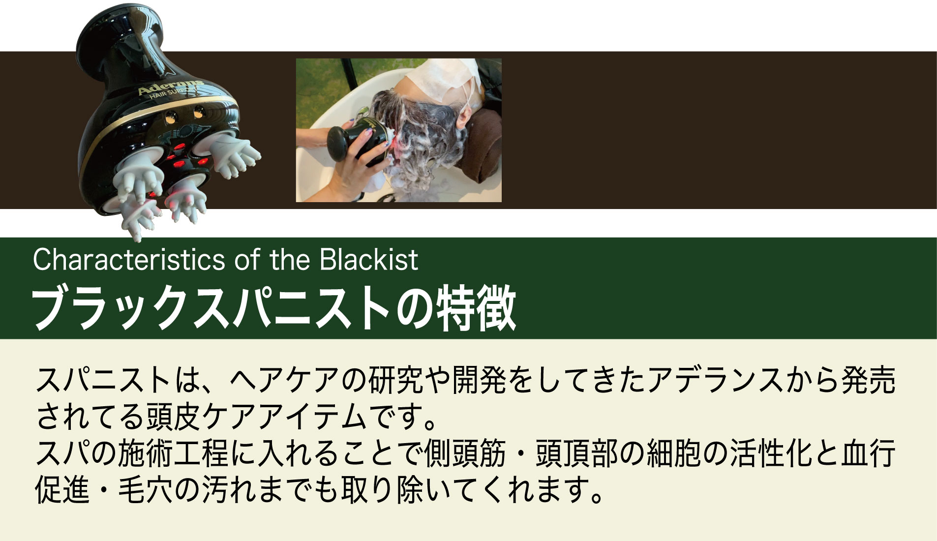 「ヘッドスパ」「ブラックスパニスト」「アデランス」「細胞の活性化」「血行促進」「毛穴の汚れ除去」「ラピス」